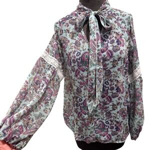 Cocomore Women Paisley Floral Pussybow Blouse Lace Balloon Sleeve Blue Purple 38